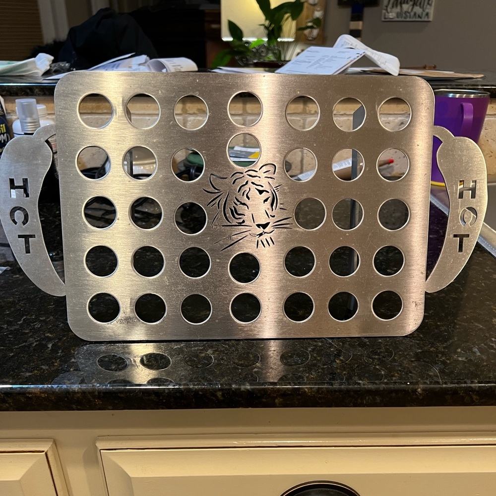 LSU Jalapeño pepper grilling plate with Tiger cutout. Includes pepper handle.